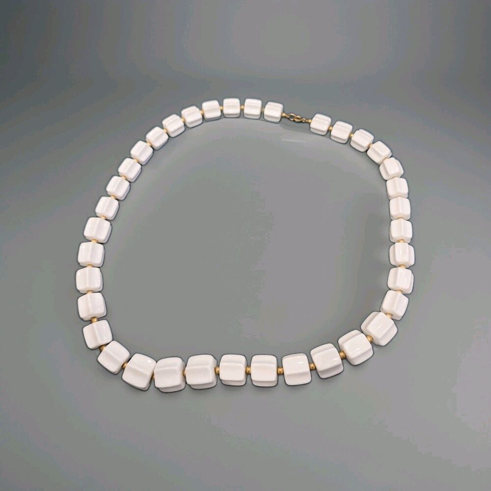 Vintage White Cube Bead Necklace Gold Tone Spacers Spring Ring Clasp 18" Acrylic
